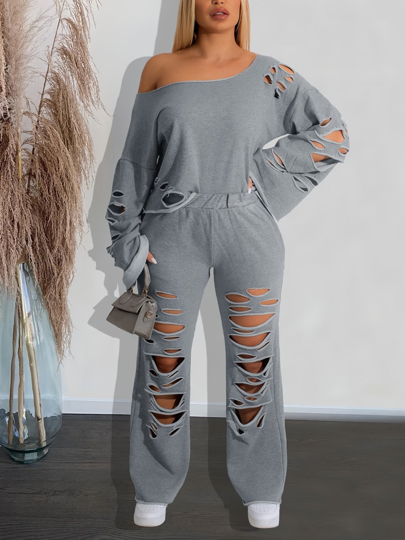 Casual Solid Cut Out Two-piece Set, Long Sleeve Asymmetric Top & Long Pants Outfits, Women's Clothing